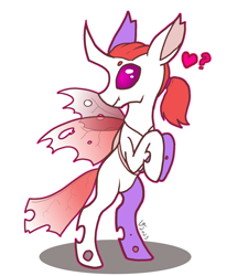 Size: 1446x1680 | Tagged: safe, artist:veesheep, imported from derpibooru, oc, oc:scorching heat, changeling, changeling oc, commission, fangs, heart, hooves to the chest, no pupils, ponytail, purple eyes, red mane, smiling, standing on two hooves, white changeling