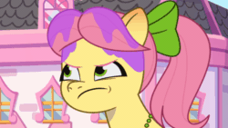 Size: 640x360 | Tagged: safe, imported from derpibooru, screencap, earth pony, pony, spoiler:g5, spoiler:my little pony: tell your tale, spoiler:tyts01e22, angry, animated, bow, female, g5, gif, hair bow, mare, my little pony: tell your tale, posey bloom, posey bloom is not amused, posey can't catch a break, red face, solo, unamused, wet, zipp's yes day