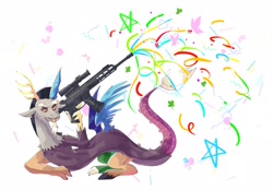 Size: 2220x1551 | Tagged: safe, artist:plusplus_pony, imported from derpibooru, discord, draconequus, pony, confetti, solo, weapon