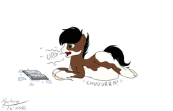 Size: 2800x1800 | Tagged: safe, alternate version, artist:xyclone, imported from derpibooru, oc, oc only, oc:chestnut, earth pony, pony, belly, burp, male, signature, simple background, solo, stallion, stomach noise, white background