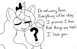 Size: 1688x1085 | Tagged: artist needed, safe, imported from derpibooru, princess luna, oc, oc:anon, alicorn, human, pony, /mlp/, canon x oc, comforting, cute, dialogue, eye clipping through hair, female, lunabetes, mare, open mouth, open smile, positive ponies, simple background, smiling, white background, wholesome