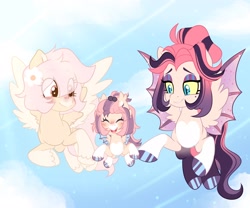 Size: 2048x1708 | Tagged: safe, artist:moonydropps, imported from derpibooru, bat pony, pegasus, pony, blushing, flower, flower in hair, flying, hair, mane, open mouth, open smile, smiling, spread wings, tail, wings