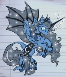 Size: 1753x2048 | Tagged: safe, artist:creeate97, imported from derpibooru, princess luna, alicorn, pony, female, flying, hybrid wings, leonine tail, lined paper, mare, solo, sparkles, tail, wings