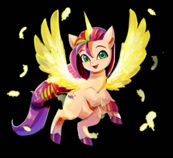 Size: 1213x1107 | Tagged: safe, artist:plusplus_pony, imported from derpibooru, sunny starscout, alicorn, earth pony, pony, alicornified, artificial wings, augmented, female, g5, horn, looking at you, magic, magic horn, magic wings, mare, open mouth, open smile, race swap, smiling, smiling at you, solo, spread wings, sunnycorn, wings
