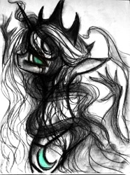 Size: 954x1280 | Tagged: safe, artist:luted, imported from derpibooru, princess luna, alicorn, pony, charcoal (medium), crown, female, jewelry, neo noir, partial color, regalia, solo, traditional art, watercolor painting