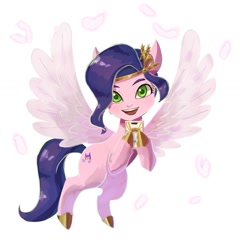 Size: 1111x1155 | Tagged: safe, artist:plusplus_pony, imported from derpibooru, pipp petals, pegasus, pony, colored wings, crown, eyebrows, female, flying, g5, jewelry, looking at you, mare, open mouth, open smile, phone, regalia, simple background, smiling, smiling at you, solo, spread wings, white background, wings