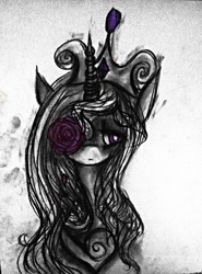 Size: 945x1280 | Tagged: safe, artist:luted, imported from derpibooru, princess cadance, alicorn, pony, charcoal (medium), crown, female, flower, jewelry, mare, neo noir, partial color, regalia, rose, solo, traditional art, watercolor painting