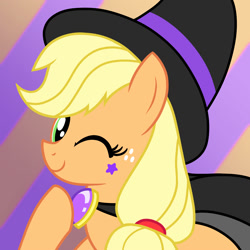 Size: 2000x2000 | Tagged: safe, artist:nitsuke_ill, imported from derpibooru, applejack, earth pony, pony, female, hat, mare, one eye closed, solo, wink, witch, witch hat