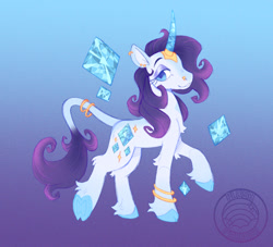 Size: 1070x970 | Tagged: safe, artist:plushparades, imported from derpibooru, part of a set, rarity, classical unicorn, pony, unicorn, anklet, blue eyes, bracelet, cloven hooves, colored hooves, crystal horn, ear piercing, g4, horn, jewelry, leonine tail, nose piercing, piercing, raised hoof, redesign, ring, solo, tail, tail ring, two toned mane, unshorn fetlocks