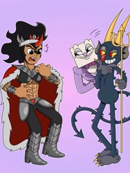 Size: 1536x2048 | Tagged: safe, artist:inkies299, imported from derpibooru, king sombra, human, abs, crossover, cuphead, emanata, gradient background, humanized, king dice, midriff, pitchfork, style emulation, the devil, trio