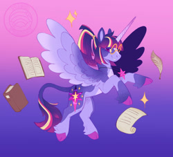 Size: 1070x970 | Tagged: safe, artist:plushparades, imported from derpibooru, part of a set, twilight sparkle, alicorn, pony, book, cloven hooves, colored wings, g4, glasses, hair tie, horn, jewelry, leonine tail, long horn, necklace, ponytail, purple eyes, quill, scroll, spread wings, tail, twilight sparkle (alicorn), two toned mane, two toned tail, two toned wings, wings