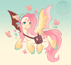 Size: 1070x970 | Tagged: safe, artist:plushparades, imported from derpibooru, part of a set, fluttershy, bat pony, butterfly, hybrid, pegasus, pony, bag, bat ears, bat ponified, bat wings, colored wings, fangs, flutterbat, flying, g4, hybrid wings, messenger bag, pins, race swap, spread wings, teal eyes, two toned wings, wings