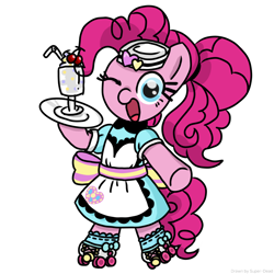 Size: 2048x2048 | Tagged: safe, artist:super-dead, imported from derpibooru, pinkie pie, earth pony, pony, bipedal, carhop, clothes, female, food, hat, ice cream, looking at you, one eye closed, ponytail, roller skates, server pinkie pie, simple background, skates, solo, standing on two hooves, waitress, white background