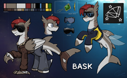 Size: 4863x3000 | Tagged: safe, artist:selenophile, imported from derpibooru, oc, oc only, oc:bask, hippogriff, merpony, original species, pony, seapony (g4), shark, shark pony, amulet, blind, bomber jacket, bubble, clothes, commission, cutie mark, dorsal fin, elite dangerous, eyewear, fin, fin wings, fins, fish tail, gills, high res, jacket, jewelry, male, ocean, reference sheet, science fiction, solo, tail, underwater, water, wings