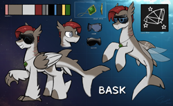 Size: 4863x3000 | Tagged: safe, alternate version, artist:selenophile, imported from derpibooru, oc, oc only, oc:bask, hippogriff, merpony, original species, pony, seapony (g4), shark, shark pony, amulet, blind, commission, cutie mark, dorsal fin, elite dangerous, eyewear, fin, fin wings, fins, fish tail, gills, high res, jewelry, male, ocean, reference sheet, science fiction, sunlight, swimming, tail, underwater, water, wings