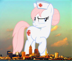 Size: 1536x1300 | Tagged: safe, artist:vunlinur, edit, editor:jaredking779, imported from derpibooru, nurse redheart, earth pony, pony, cleveland, female, giant pony, giant/macro earth pony, giantess, hat, highrise ponies, irl, looking at you, macro, mare, mega giant, nurse hat, ohio, photo, ponies in real life, raised hoof, solo