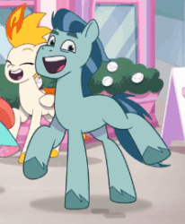 Size: 223x271 | Tagged: safe, imported from derpibooru, screencap, earth pony, pegasus, pony, spoiler:g5, spoiler:my little pony: tell your tale, spoiler:tyts01e41, a day in the life, animated, cropped, cute, dancing, female, flare (g5), g5, jazz hooves, male, mare, my little pony: tell your tale, open mouth, open smile, rufus, smiling, solo focus, stallion