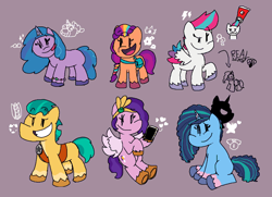 Size: 1200x869 | Tagged: safe, artist:dewott2501, imported from derpibooru, hitch trailblazer, izzy moonbow, opaline arcana, pipp petals, sunny starscout, zipp storm, earth pony, pegasus, pony, unicorn, spoiler:g5, alternate new mane six (g5), female, g5, gray background, male, mare, misty brightdawn, phone, pipp is short, pipp is smol, simple background, stallion, toothpaste