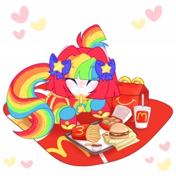 Size: 2048x2048 | Tagged: safe, artist:moonydropps, imported from derpibooru, oc, oc:pickles, earth pony, pony, bow, burger, clothes, eyes closed, female, food, hair, hair bow, hoodie, mane, mare, mcdonald's, solo, tail