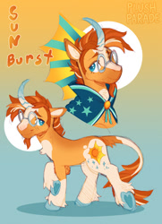 Size: 1204x1664 | Tagged: safe, artist:plushparades, imported from derpibooru, sunburst, classical unicorn, pony, unicorn, cloak, clothes, cloven hooves, curved horn, g4, glasses, gradient background, gradient horn, horn, leonine tail, male, redesign, solo, sunburst's cloak, tail, unshorn fetlocks