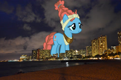 Size: 2047x1356 | Tagged: safe, edit, editor:jaredking779, imported from derpibooru, meadowbrook, earth pony, pony, female, giant pony, giant/macro earth pony, giantess, hawaii, highrise ponies, honolulu, irl, macro, mare, mega giant, photo, ponies in real life, smiling, solo