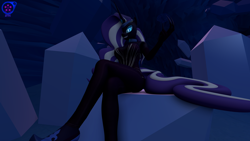 Size: 3840x2160 | Tagged: safe, artist:rainsstudio, imported from derpibooru, nightmare rarity, anthro, plantigrade anthro, unicorn, 3d, big breasts, breasts, busty nightmare rarity, clothes, crossed legs, crystal caverns, female, fingerless gloves, gem, gloves, glowing, glowing eyes, high heels, leotard, long gloves, long nails, nexgen, shoes, sitting, solo, source filmmaker