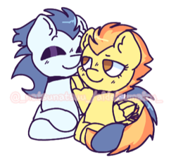 Size: 414x375 | Tagged: safe, artist:_natsunatsuu_, imported from derpibooru, soarin', spitfire, pony, duo, duo male and female, female, loving gaze, low quality, male, obtrusive watermark, shipping, simple background, soarinfire, straight, transparent background, watermark, wing hold