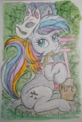 Size: 1528x2268 | Tagged: safe, artist:daisymane, imported from derpibooru, oc, oc only, earth pony, pony, female, looking back, mare, mask, mouth hold, raised tail, sitting, solo, tail, traditional art