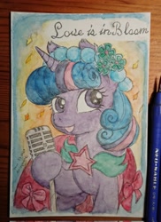 Size: 1488x2048 | Tagged: safe, artist:daisymane, imported from derpibooru, twilight sparkle, pony, unicorn, a canterlot wedding, alternate hairstyle, bridesmaid dress, clothes, dress, female, love is in bloom, mare, microphone, signature, solo, text, traditional art, unicorn twilight