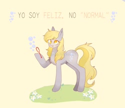 Size: 2048x1781 | Tagged: safe, artist:sadgirl_jvnko, imported from derpibooru, derpy hooves, pony, bubble, bubble wand, magnetic hooves, no pupils, solo, spanish, translated in the comments, watermark, wingless