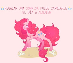 Size: 2048x1781 | Tagged: safe, artist:sadgirl_jvnko, imported from derpibooru, pinkie pie, earth pony, pony, no pupils, one eye closed, solo, spanish, translated in the comments, watermark