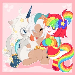 Size: 2048x2048 | Tagged: safe, artist:moonydropps, imported from derpibooru, oc, oc only, oc:aster, oc:pickles, oc:toyytrove, bat pony, earth pony, pony, unicorn, bow, clothes, eyes closed, hair bow, hoodie, horn, open mouth, open smile, sitting, smiling, socks, spread wings, stars, wings