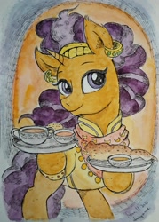Size: 1483x2076 | Tagged: safe, artist:daisymane, imported from derpibooru, saffron masala, pony, unicorn, bipedal, bowl, cup, female, food, mare, platter, smiling, solo, soup, traditional art