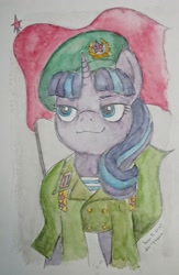 Size: 1336x2048 | Tagged: safe, artist:daisymane, imported from derpibooru, starlight glimmer, pony, unicorn, beret, clothes, communism, female, flag, hat, mare, military uniform, s5 starlight, smiling, solo, stalin glimmer, traditional art, uniform