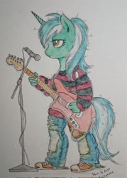 Size: 1463x2048 | Tagged: safe, artist:daisymane, imported from derpibooru, lyra heartstrings, anthro, plantigrade anthro, unicorn, clothes, electric guitar, female, grunge, guitar, jeans, lidded eyes, mare, microphone, musical instrument, pants, ripped jeans, ripped pants, shirt, solo, striped shirt, torn clothes, traditional art