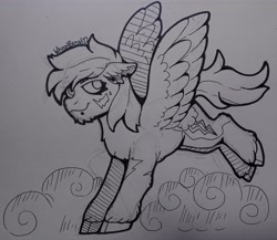 Size: 3342x2901 | Tagged: safe, artist:spicyybreadd, imported from derpibooru, rainbow dash, pegasus, pony, alternate design, chin fluff, lineart, lip piercing, monochrome, piercing, solo, spread wings, traditional art, wings