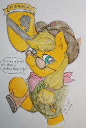 Size: 1386x2048 | Tagged: safe, artist:daisymane, imported from derpibooru, applejack, earth pony, pony, cavalry stetson, clothes, dialogue, glasses, gun, hat, lidded eyes, looking at you, neckerchief, patch, rifle, smiling, smiling at you, solo, speech bubble, talking to viewer, traditional art, uniform, weapon