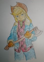 Size: 1463x2048 | Tagged: safe, artist:daisymane, imported from derpibooru, applejack, human, equestria girls, axe, clothes, denim, gloves, jacket, jeans, looking at you, pants, plaid shirt, shirt, solo, traditional art, weapon