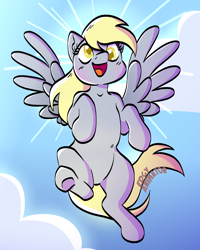 Size: 2000x2500 | Tagged: safe, artist:edgyanimator, derpibooru exclusive, imported from derpibooru, derpy hooves, pegasus, pony, belly, big smile, blonde, blonde hair, blue background, blushing, cel shading, cloud, cute, derp, derpabetes, flying, gray coat, happy, hooves, light, open mouth, open smile, raised hooves, shading, shine, simple, simple background, sky, smiling, solo, spread wings, tail, wings, yellow eyes