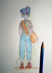 Size: 1463x2048 | Tagged: safe, artist:daisymane, imported from derpibooru, sci-twi, twilight sparkle, human, equestria girls, bag, clothes, denim, female, glasses, hair bun, hand in pocket, jeans, looking at you, messenger bag, pants, pencil, smiling, smiling at you, solo, traditional art