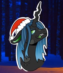 Size: 900x1050 | Tagged: safe, artist:spicyybreadd, imported from derpibooru, queen chrysalis, changeling, changeling queen, bust, christmas, christmas changeling, hat, holiday, queen christmas, santa hat, solo, teeth