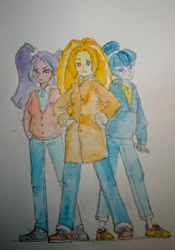 Size: 1541x2196 | Tagged: safe, artist:daisymane, imported from derpibooru, adagio dazzle, aria blaze, sonata dusk, human, equestria girls, clothes, coat, denim, female, jeans, looking at you, pants, the dazzlings, traditional art, trio