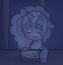 Size: 661x683 | Tagged: safe, anonymous artist, imported from derpibooru, pony, unicorn, series:misty pov, apple, apple slice, broccoli, bruised, eating, female, food, g5, hay, herbivore, mare, misty brightdawn, misty can't catch a break, misty deserves better, plate, sad, scratches, solo