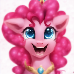 Size: 832x832 | Tagged: safe, imported from derpibooru, pinkie pie, earth pony, pony, ai content, ai generated, bust, cute, element of generosity, element of honesty, element of kindness, element of laughter, element of loyalty, element of magic, elements of harmony, female, mare, open mouth, portrait, simple background, solo, white background