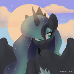 Size: 1280x1280 | Tagged: safe, artist:pink lake, imported from derpibooru, princess luna, alicorn, pony, bust, cloud, cloudy, crown, ethereal mane, female, jewelry, looking away, mare, moon, portrait, regalia, solo, sun