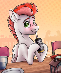 Size: 3000x3560 | Tagged: safe, artist:helmie-art, imported from derpibooru, oc, oc:swift apex, pegasus, pony, drinking, drinking straw, liquid death, looking at you, sitting, solo
