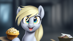 Size: 1024x576 | Tagged: safe, imported from derpibooru, derpy hooves, pegasus, pony, ai content, ai generated, cute, female, food, mare, muffin, solo