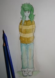 Size: 1493x2092 | Tagged: safe, artist:daisymane, imported from derpibooru, wallflower blush, human, equestria girls, arm behind back, brush, clothes, female, looking at you, paintbrush, pencil, solo, striped sweater, sweater, traditional art