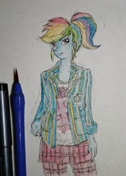 Size: 1570x2198 | Tagged: safe, artist:daisymane, imported from derpibooru, rainbow dash, human, equestria girls, brush, clothes, female, jacket, looking at you, paintbrush, pen, pencil, plaid, smiling, smiling at you, solo, traditional art