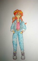 Size: 1381x2200 | Tagged: safe, artist:daisymane, imported from derpibooru, sunset shimmer, human, equestria girls, clothes, denim, hand in pocket, jacket, jeans, looking at you, pants, smiling, smiling at you, solo, traditional art